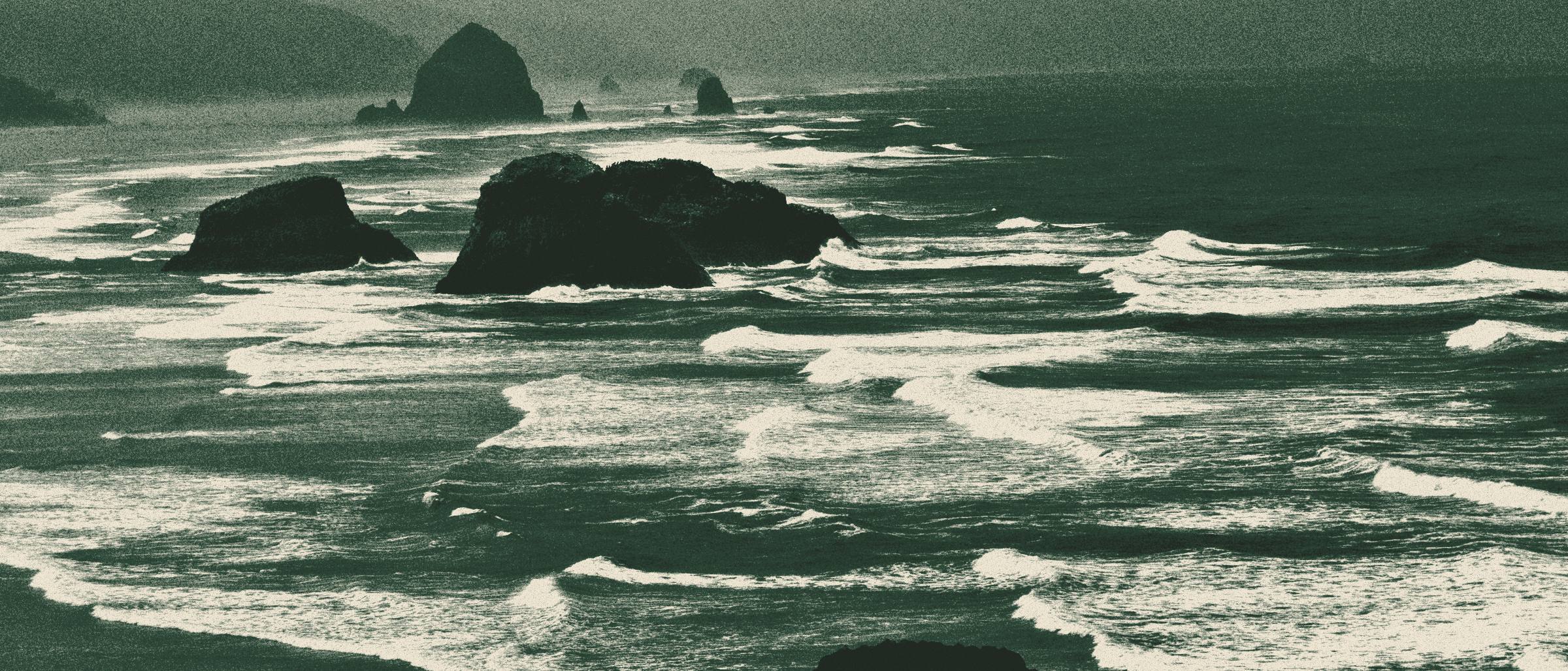 Sea stacks and surf below the Ecola headland in fog, two-ink print